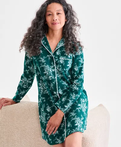 Charter Club Women's Cotton Flannel Printed Long Sleeve Sleepshirt In Green