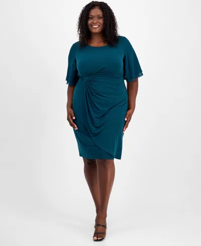 Connected Plus Size Draped Flutter-sleeve Sheath Dress In Blue