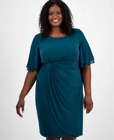 Connected Plus Size Draped Flutter-sleeve Sheath Dress In Blue