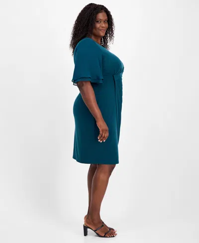 Connected Plus Size Draped Flutter-sleeve Sheath Dress In Blue