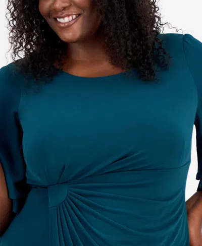 Connected Plus Size Draped Flutter-sleeve Sheath Dress In Blue