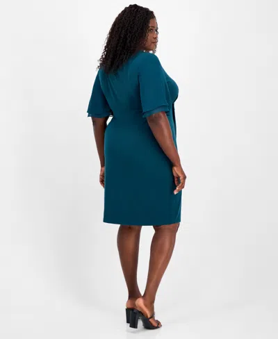 Connected Plus Size Draped Flutter-sleeve Sheath Dress In Blue