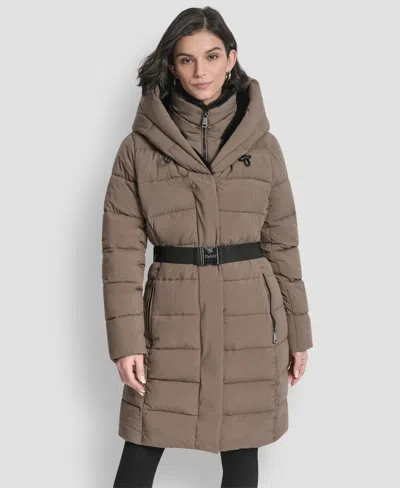 Dkny Women's Belted Asymmetrical Zip Front Puffer Coat In Gray