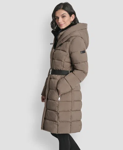 Dkny Women's Belted Asymmetrical Zip Front Puffer Coat In Gray