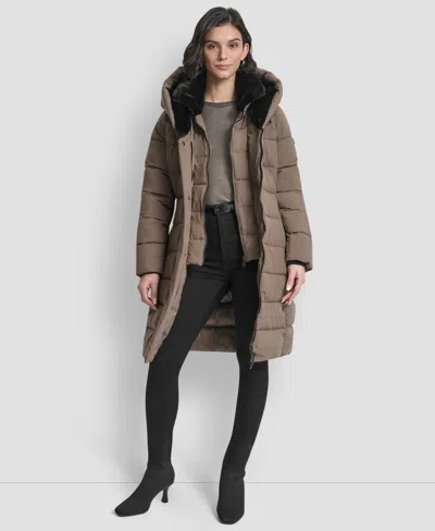 Dkny Women's Belted Asymmetrical Zip Front Puffer Coat In Gray