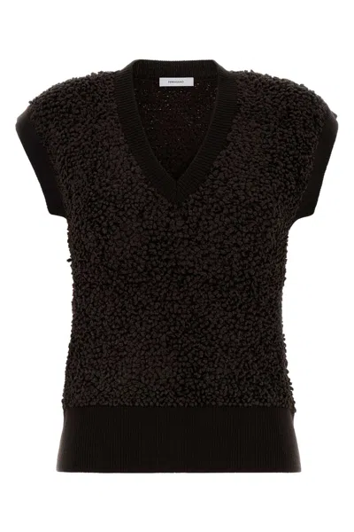 Ferragamo Textured Sleeveless Vest Ribbed Hem In Brown