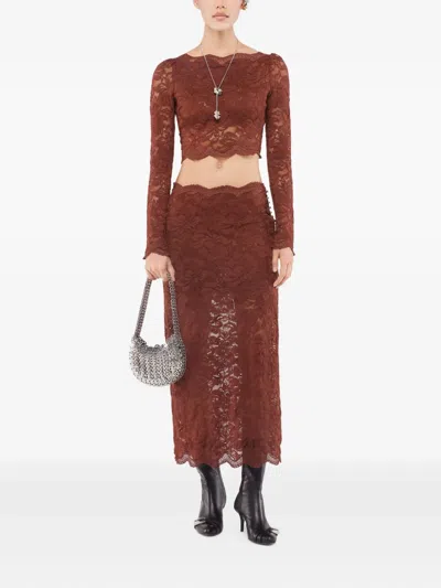 Rabanne Floral Lace Long Sleeve Cropped Top In Brown