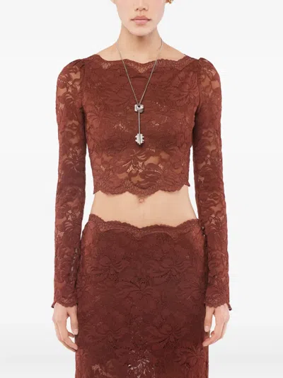 Rabanne Floral Lace Long Sleeve Cropped Top In Brown