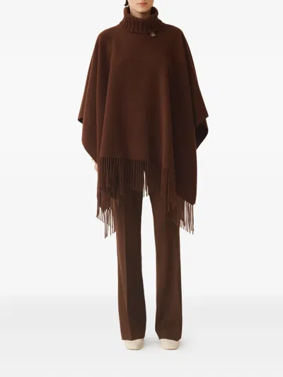 Fabiana Filippi Turtleneck Fringe Poncho In Brown