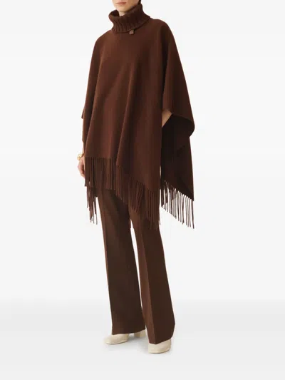 Fabiana Filippi Turtleneck Fringe Poncho In Brown