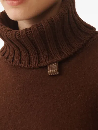 Fabiana Filippi Turtleneck Fringe Poncho In Brown