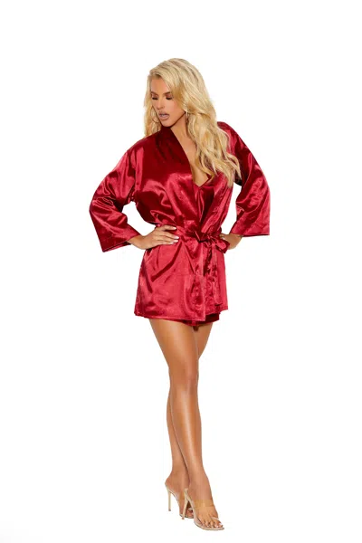 Elegant Moments Charmeuse Kimono Robe With 3/4 Sleeves And Detachable Belt- Purple In Red
