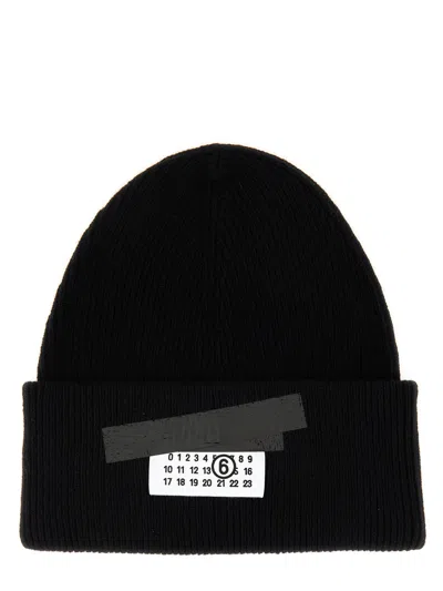 Mm6 Maison Margiela Mm6 By Maison Margiela Ribbed Knit Wool Beanie With Folded Cuff And Label In Black