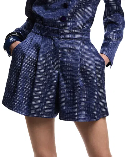 Emporio Armani Shorts With Pleats In A Cupro Blend With A Check Motif In Blue