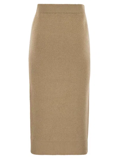 Peserico Fitted Long Skirt In Textured Knit Wool In Brown