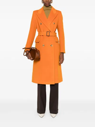 Tagliatore Long Length Wool Coat With Gold-tone Buttons In Orange