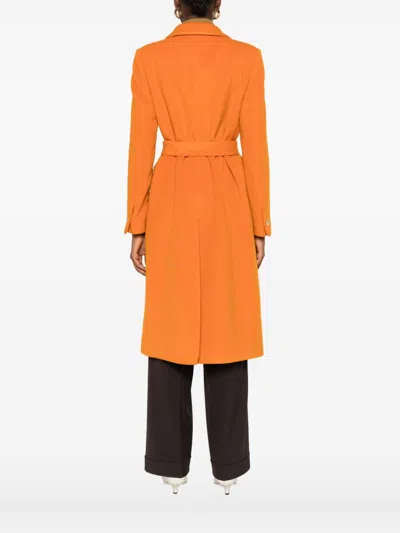 Tagliatore Long Length Wool Coat With Gold-tone Buttons In Orange