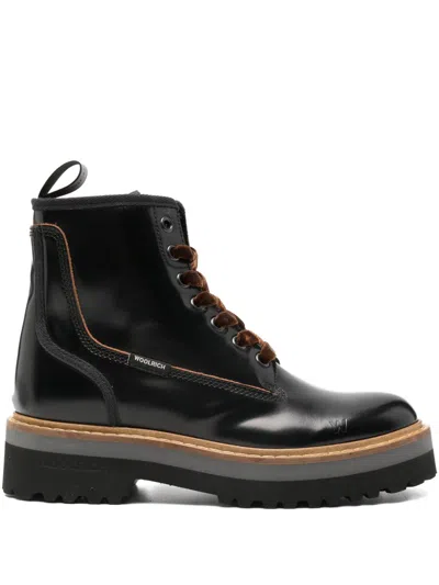 Woolrich Chunky Sole Round Toe Pull Tab Boots In Black