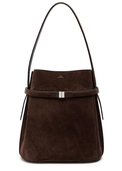 Totême Toteme Belted Suede Leather Bucket Bag In Brown