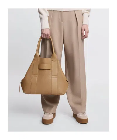 Hogan Script Medium Shopping Bag In Hammered Leather In Brown