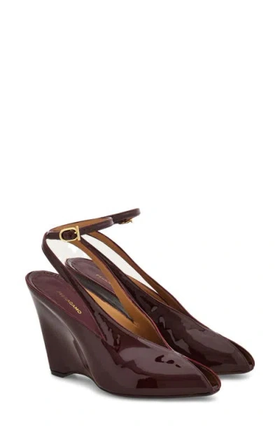 Ferragamo Peep Toe Wedge Sandals In Bordeaux In Burgundy