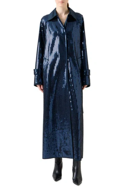 Akris Estelle Sequined Chiffon Maxi Coat In Blue