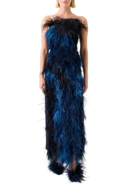 Akris Corsage Strapless Feather Front Silk Gown In Multi