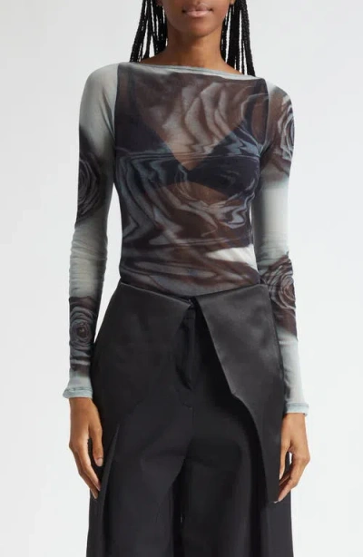 Jean Paul Gaultier Rose Sheer Long Sleeve Mesh Top In Multi