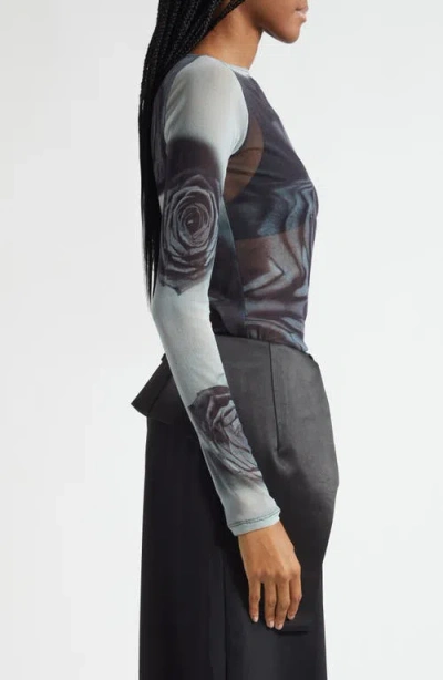 Jean Paul Gaultier Rose Sheer Long Sleeve Mesh Top In Multi