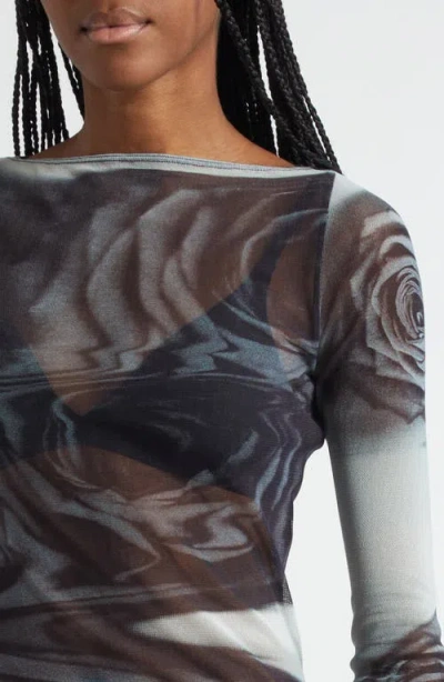 Jean Paul Gaultier Rose Sheer Long Sleeve Mesh Top In Multi