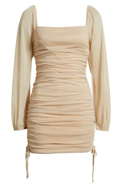 Jump Apparel Ruched Glitter Long Sleeve Minidress In Neutral