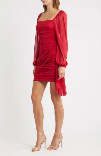 Jump Apparel Metallic Drape Front Long Sleeve Minidress In Red