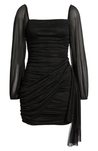 Jump Apparel Metallic Drape Front Long Sleeve Minidress In Black