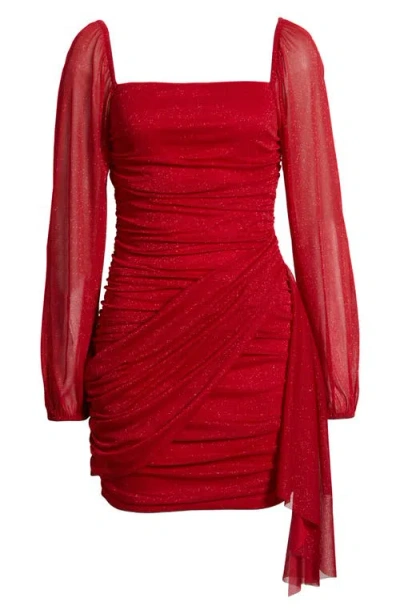 Jump Apparel Metallic Drape Front Long Sleeve Minidress In Red