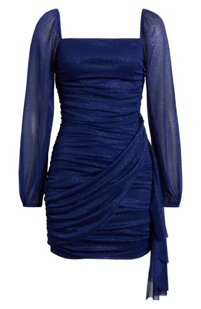 Jump Apparel Metallic Drape Front Long Sleeve Minidress In Blue