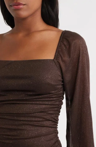 Jump Apparel Ruched Glitter Long Sleeve Minidress In Brown
