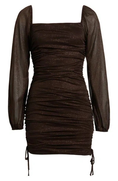 Jump Apparel Ruched Glitter Long Sleeve Minidress In Brown