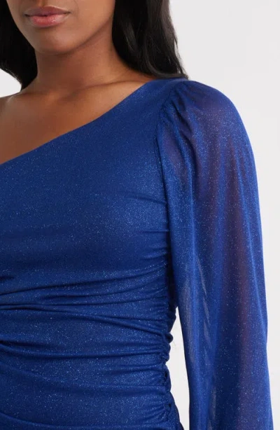 Jump Apparel One Shoulder Metallic Ruched Minidress In Blue
