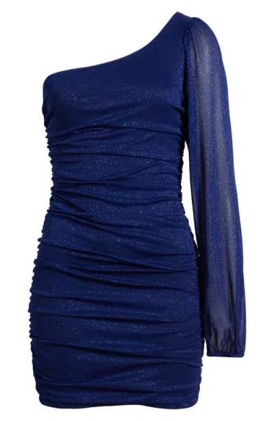 Jump Apparel One Shoulder Metallic Ruched Minidress In Blue