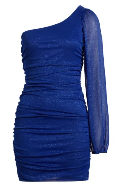 Jump Apparel One Shoulder Metallic Ruched Minidress In Blue