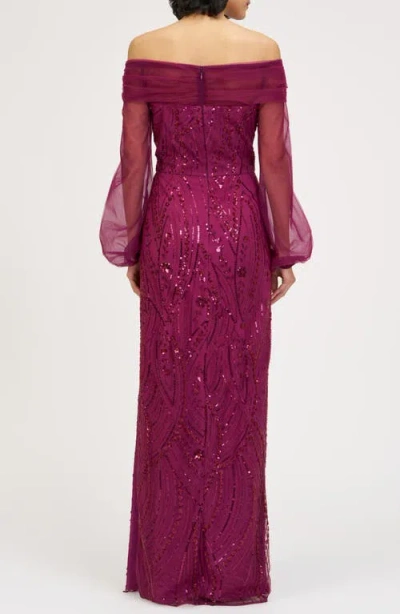 Js Collections Savannah Embellished Off The Shoulder Long Sleeve Chiffon Column Gown In Pink