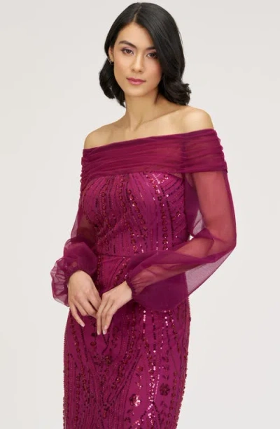 Js Collections Savannah Embellished Off The Shoulder Long Sleeve Chiffon Column Gown In Pink