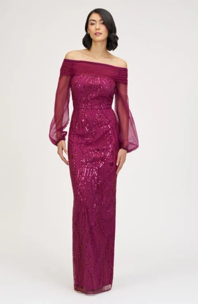 Js Collections Savannah Embellished Off The Shoulder Long Sleeve Chiffon Column Gown In Pink