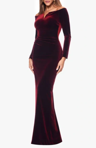 Xscape Evenings Off The Shoulder Long Sleeve Velvet Gown In Black