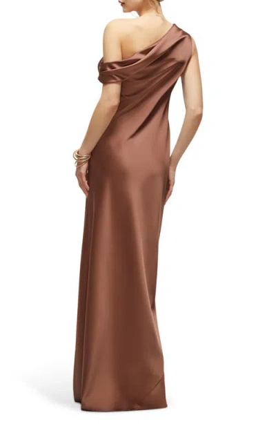 After Six Draped One-shoulder Bias Stretch Satin Maxi Dress In Brown