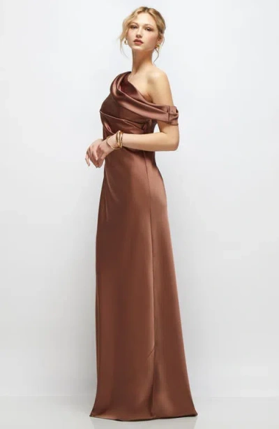 After Six Draped One-shoulder Bias Stretch Satin Maxi Dress In Brown