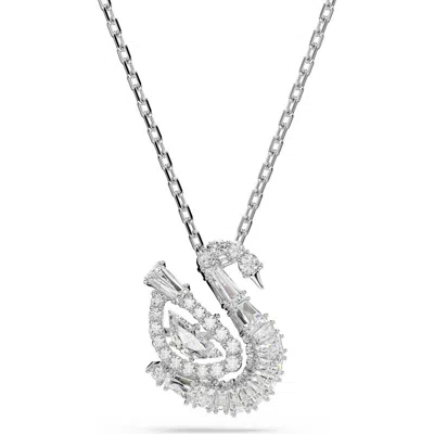 Swarovski Swan Rhodium Plated Pendant Necklace In Metallic