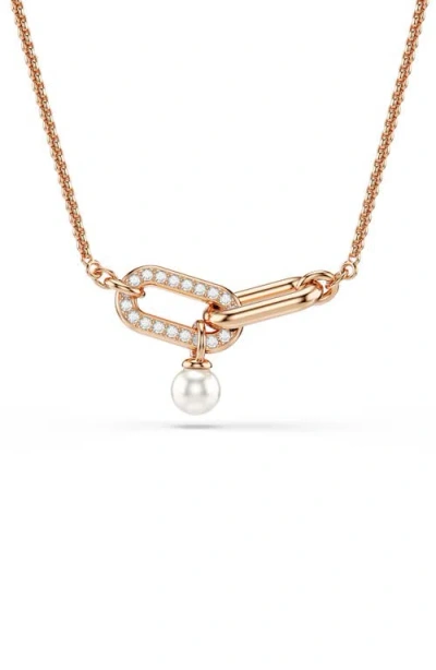 Swarovski Constella Pave Crystal Link & Faux Pearl Pendant Necklace, 14.87-18.87 In Gold