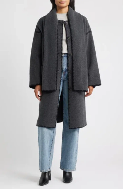 Bcbg Embroidered Trim Long Scarf Coat In Gray