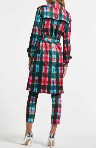 Isaac Mizrahi New York Plaid Double Breasted Trench Coat In Multi